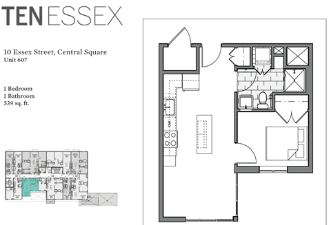 Floor plan for 1 bed, 1 bath, 587 sqft